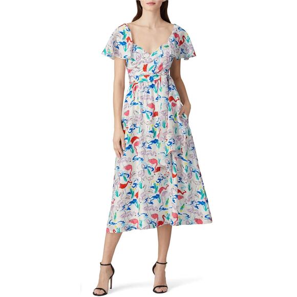 Tanya Taylor Flamingos Silk Printed Teigan Dress 12 - Picture 1 of 12